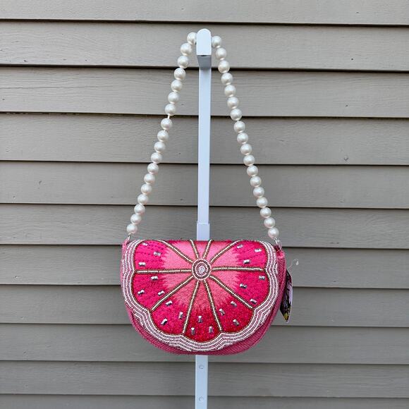 Beaded Watermelon Crescent Slice Embellished Handbag Purse Pink Pearl Chain New - Picture 1 of 10